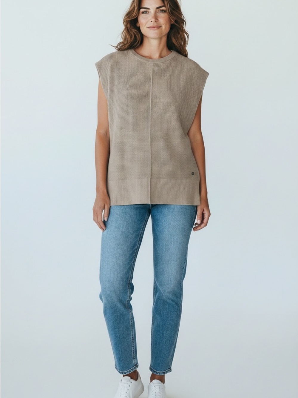 Fig Sleeveless Waffle Knit Pullover Sweater Vest in Taupe